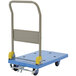 A blue and yellow Vestil platform truck with wheels.