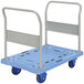 A blue Vestil plastic platform truck with dual metal handles.