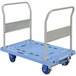 A blue Vestil platform truck with dual metal handles.