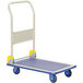 A blue and white Vestil platform truck with a folding handle.
