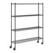 A black epoxy four-shelf metal storage rack with casters and tall posts.