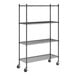 A black epoxy four-shelf wire shelving unit with casters and tall posts.