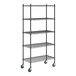 A black epoxy five-shelf metal storage rack with wheels.