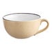 An Acopa Harvest Tan stoneware cup with a black rim.