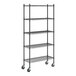 A black epoxy five-shelf metal storage rack with wheels.