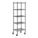 A black epoxy five-shelf wire shelving unit with casters and tall posts.