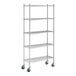 A chrome five-shelf wire shelving unit with casters and tall posts.