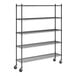 A black epoxy five-shelf wire shelving unit with four posts and casters for mobility.
