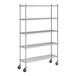 A chrome five-shelf wire shelving unit with casters and tall posts.