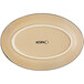 An Acopa Harvest Tan matte coupe stoneware platter with an oval shape and black text on it.