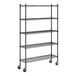 A black epoxy five-shelf wire shelving unit with four caster wheels.