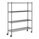 A black epoxy four-shelf metal storage rack with wheels and tall posts.