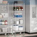 Steelton chrome wire shelving kit in a kitchen with food items on shelves.