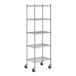 A Steelton chrome wire shelving unit with four shelves and wheels.