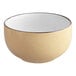 An Acopa Harvest Tan stoneware bowl with a speckled surface and black rim.