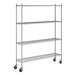 A chrome wire shelving unit with four shelves, tall posts, and caster wheels for mobility.