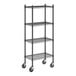 A black epoxy four-shelf wire shelving unit with casters and 54-inch posts.