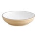 A white bowl with a tan rim.