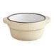 A white stoneware sauce cup with a black rim.