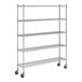 A chrome five-shelf wire shelving unit with casters and tall posts.