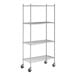 A chrome wire shelving unit with four shelves, tall posts, and caster wheels for mobility.