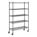 A black epoxy-coated five-shelf wire shelving unit with four posts and caster wheels.