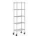 A chrome five-shelf wire shelving unit with casters and tall posts.