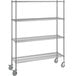 a wire-frame shelving unit with wheels