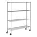 A chrome wire shelving unit with four shelves, tall posts, and caster wheels for mobility.