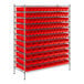 A Regency metal wire shelving rack with red bins.