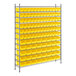 A metal wire shelving unit with yellow bins on it.