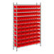 A Regency metal wire shelving rack with red bins.