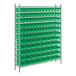 A metal Regency wire shelving rack with green bins.