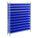 A metal rack with blue bins on it.