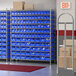 A warehouse with blue bins on shelves and a red rug on the floor.