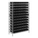 A metal rack with black bins on it.