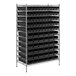 A metal shelf with black bins on it.