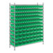 A metal wire shelving unit with green bins.