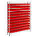 A metal wire shelving unit with red bins on it.
