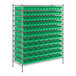 A large metal Regency wire shelving unit with green bins.