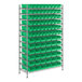 A metal shelving unit with green bins on each shelf.