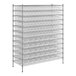 A metal wire shelving unit with white plastic bins on it.