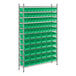 A metal Regency wire shelving unit with green bins.