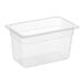 A Vigor translucent polypropylene food pan with a clear lid.