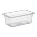 A clear translucent plastic food pan.