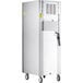 A stainless steel Beverage-Air reach-in freezer with wheels.