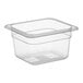 A clear translucent Vigor polypropylene food pan.