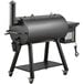 A black Backyard Pro wood-fire pellet grill and smoker on wheels.