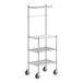 A Regency chrome wire shelving cart with four shelves and wheels.