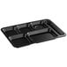 A black Choice heavy-duty melamine tray with six compartments.